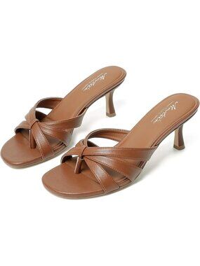 Women's Brown Pointed Toe Vintage Mules Heels Slip On Stiletto Backless Sandal